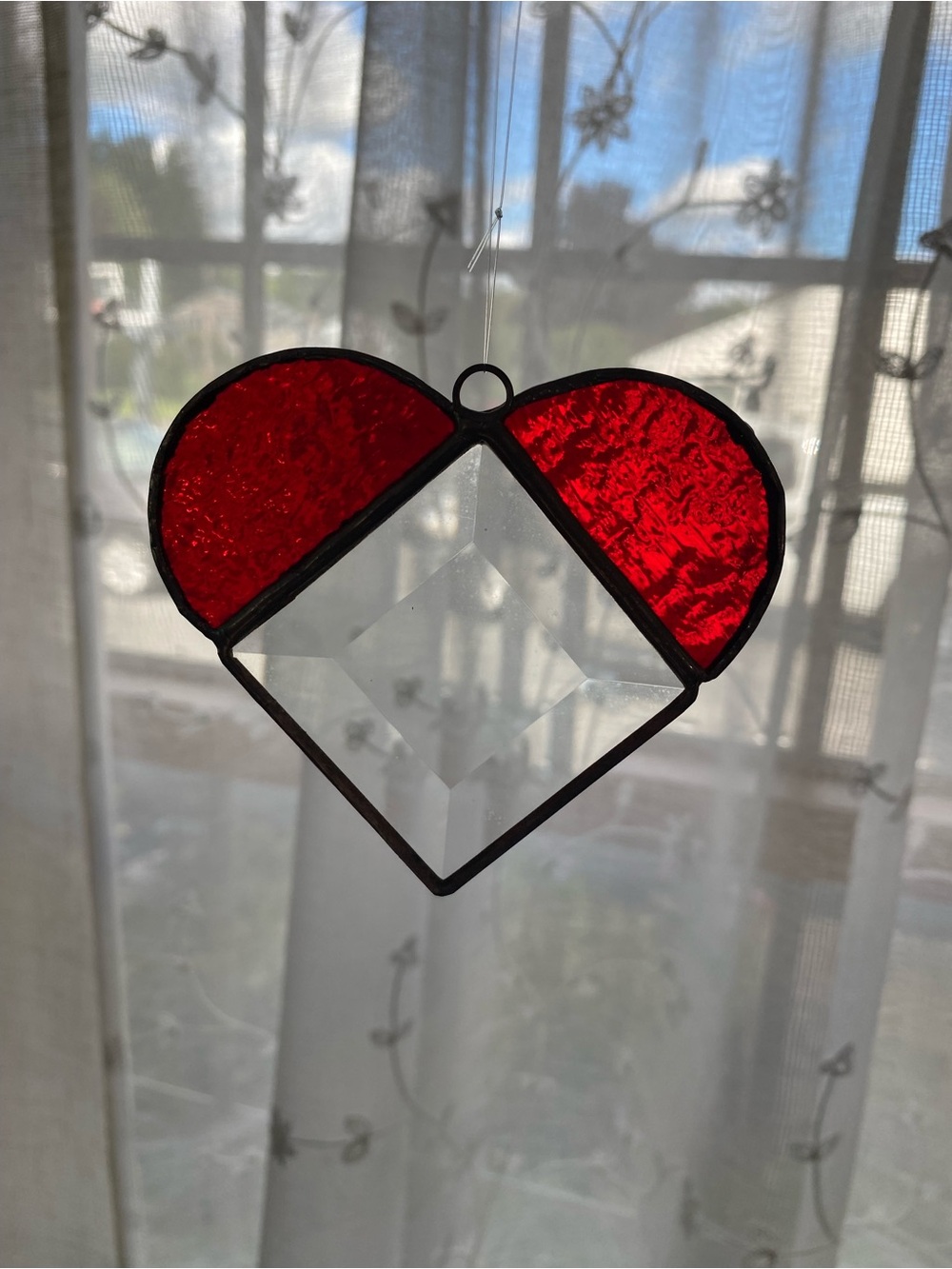 Red and Clear Heart Stained Glass Hanging Ornament - Home Art
